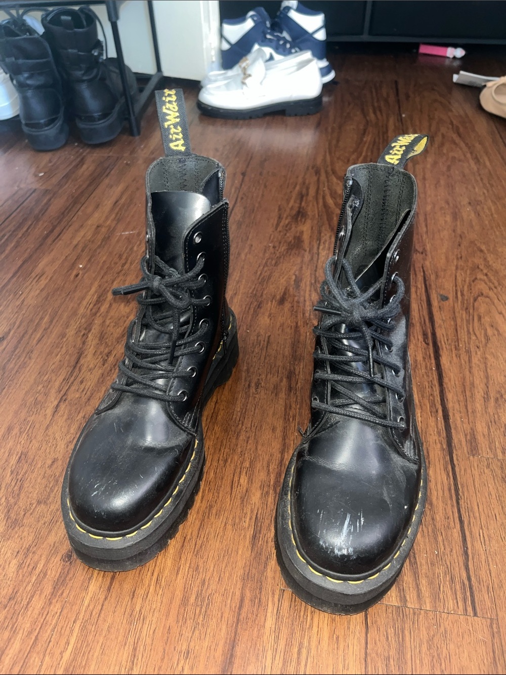 Dr. Martens Black Leather Lace-Up Boots with Yellow Stitching